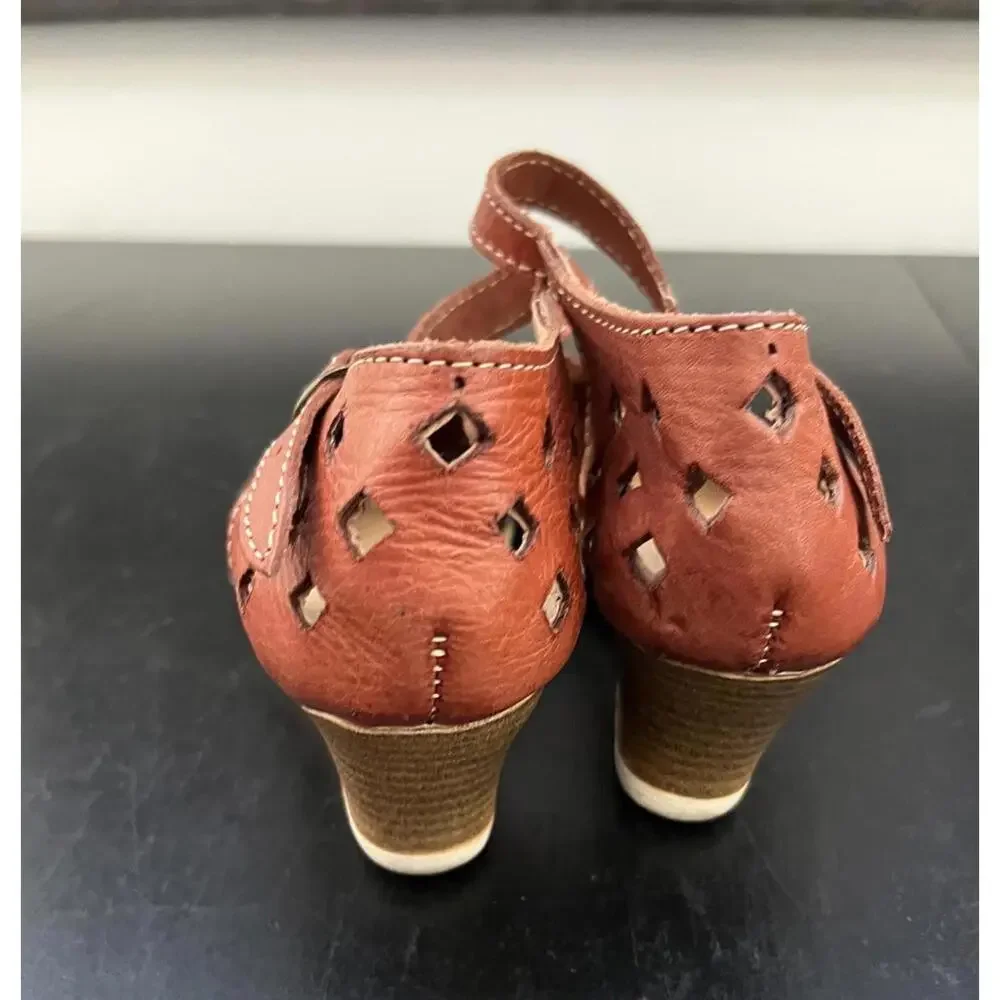 Woven Brown Leather Wedge Sandals with Cutouts - Size 26